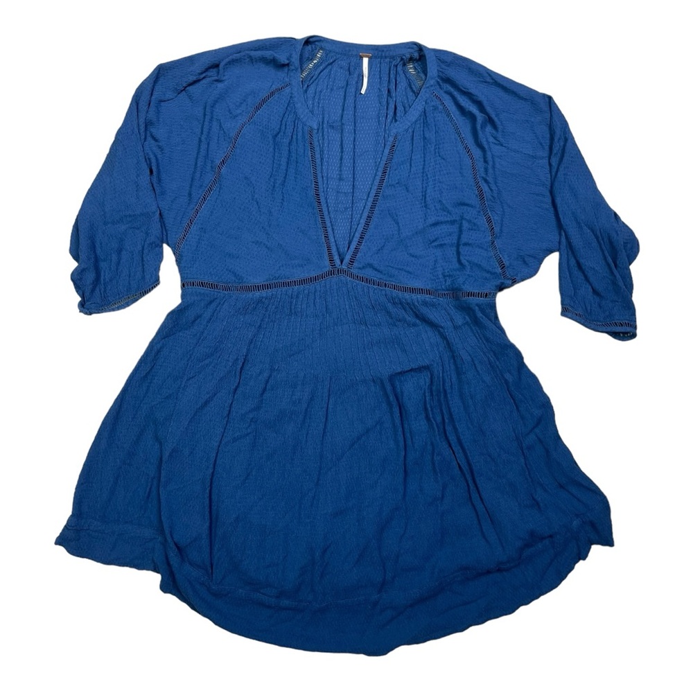 Free People Top Women Large Blue V Neck Lined Flowy Dolman Bohemian Peplum Tunic - Picture 4 of 13